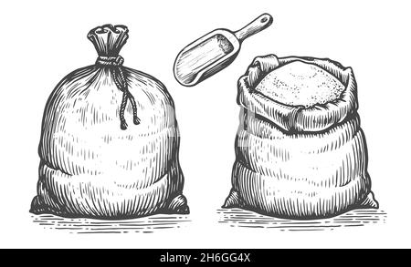 Sack with whole flour or sugar with scoop. Vintage sketch engraving illustration set for label, flayer bakery shop Stock Vector