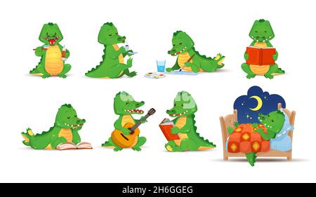 Cute figurines of green crocodiles doing their daily activities. The alligator reads, drinks, sleeps, brushes his teeth. Vector illustration , cartoon Stock Vector