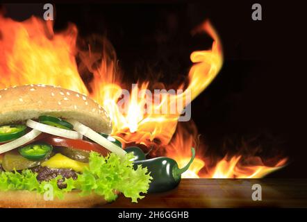 fresh tasty texmex style burger with Jalapeno and flame background Stock Photo