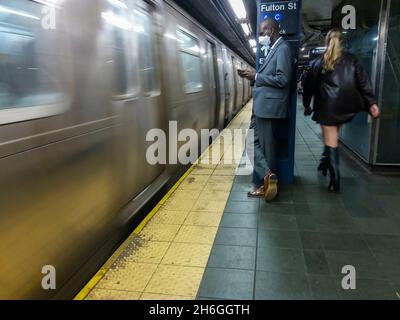 Subway train arrives at the Fulton Street Station in Lower Manhattan in New York on Thursday, October 28, 2021. (© Richard B. Levine) Stock Photo