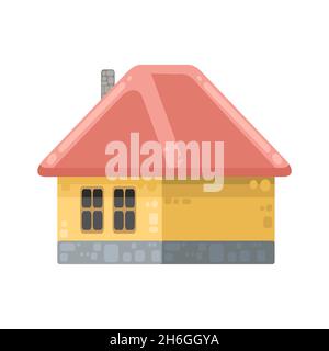 Small country house with orange walls and red roofs. Funny cartoon style. Country suburban village. Traditional simple architecture. Illustration for Stock Vector