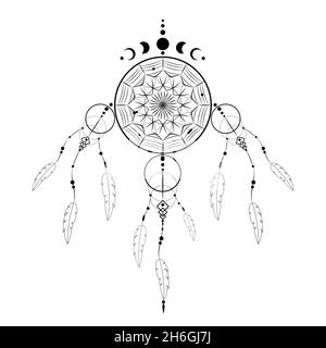 Detailed dreamcatcher with mandala ornament and Moon Phases. Black Mystic symbol, Ethnic art with native American Indian boho design, vector isolated Stock Vector