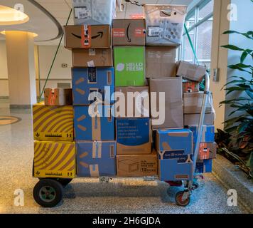 A handcart towering with packages from Amazon, Walmart and Hello Fresh among others sits unattended in an apartment building lobby the Chelsea neighborhood  of New York on Monday, November 8, 2021. (© Richard B. Levine)