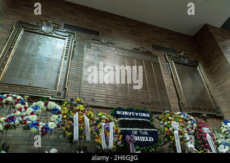 New York, United States. 15th Nov, 2021. Flower wraths from different NYPD organizations seen at the Memorial Wall during Memorial Ceremony at One Police Plaza. Names of 28 members of NYPD were added to memorial wall after they died of 911 related tragedy ilnesses. (Photo by Lev Radin/Pacific Press) Credit: Pacific Press Media Production Corp./Alamy Live News Stock Photo