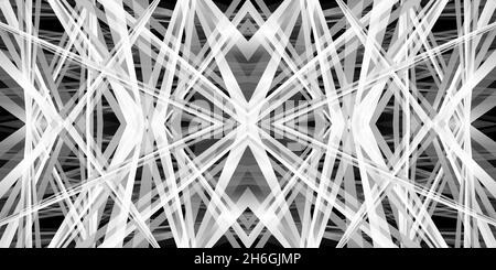 3D illustration of a kaleidoscope geometric pattern in black and white, for abstract or futuristic backgrounds or alpha channels. Stock Photo