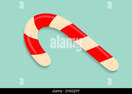 Traditional Christmas candy cane on blue background. Red and white Xmas lollipop flat vector illustration Stock Vector