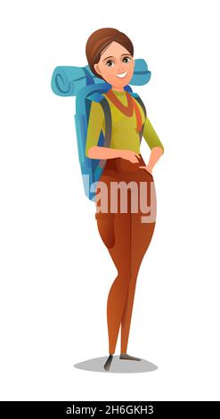 Woman tourist backpacker. Girl with backpack on his back. Cheerful person. Standing pose. Cartoon comic style flat design. Single character Stock Vector