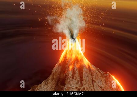 Three-dimensional Popocatepetl volcano spewing ash, lava, smoke, glowing particles and glow from hell and fire natural disaster in Puebla, Mexico Stock Photo