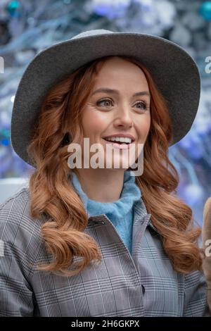 Cast of the West End theatre Disney production: ‘Frozen: The Musical’, including Stephanie McKeon as Anna gather in Covent Garden. London, UK. Stock Photo
