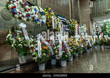 New York, New York, USA. 15th Nov, 2021. Flower wraths from different NYPD organizations seen at the Memorial Wall during Memorial Ceremony at One Police Plaza. Names of 28 members of NYPD were added to memorial wall after they died of 911 related tragedy ilnesses. (Credit Image: © Lev Radin/Pacific Press via ZUMA Press Wire) Stock Photo