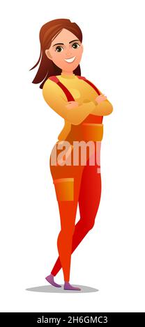 Woman in overalls. Service girl. Handyman, locksmith or repairman. Cheerful person. Standing pose. Cartoon comic style flat design. Single character Stock Vector