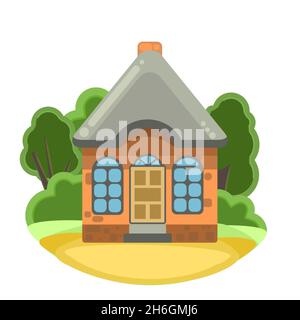 Small country house with orange walls and gray roofs. Funny cartoon style. Country suburban village. Traditional simple architecture. Illustration for Stock Vector