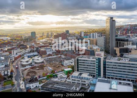 SHEFFIELD, UK - NOVEMBER 4, 2021.  An aerial panorama view of Sheffield city centre and Hallam University buildings at sunset Stock Photo