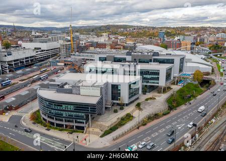 SHEFFIELD, UK - NOVEMBER 4, 2021.  An aerial  view of THE Sheffield Electric Works buildings in the city centre Stock Photo