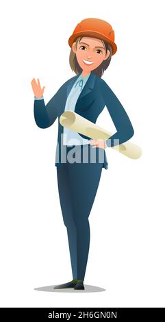 Woman engineer in suit and protective helmet. Office girl at construction site. Cheerful person. Standing pose. Single Character cartoon comic style Stock Vector