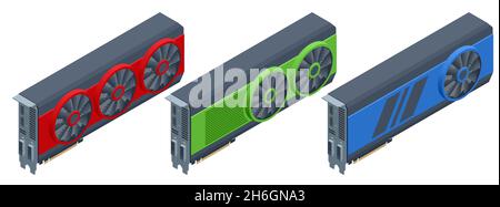 Isometric cryptocurrency mining video card. Cryptomining farm. Cryptocurrency mining equipment Stock Vector