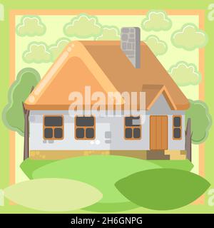 Small country house with white walls and yellow roofs. Funny cartoon style. Country suburban village. Traditional simple architecture. Illustration Stock Vector