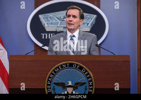 Arlington, United States Of America. 15th Nov, 2021. Arlington, United States of America. 15 November, 2021. Pentagon Press Secretary John Kirby speaks at a press briefing at the Pentagon November 15, 2021 in Arlington, Virginia. Kirby said that Defense Sec. Austin has not yet spoken to Oklahoma Gov. Kevin Stitt about the state National Guard refusal to follow the COVID-19 vaccine mandate. Credit: SSgt. Brittany Chase/DOD/Alamy Live News Stock Photo