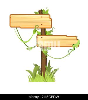 Wooden sign in the jungle. Empty board with place for text. With wood texture. Two items. Stands on a stick in the grass. Points in two directions Stock Vector