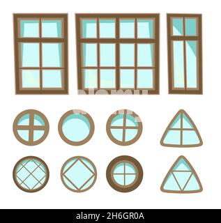 Set of different windows. Simple and flat style. Blue glass. Day. Cartoon cute fairy tale design. Isolated on white background. Vector Stock Vector