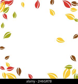 Falling autumn leaves. Red, yellow, green, brown chaotic leaves flying. Vignette colorful foliage on interesting white background. Brilliant back to s Stock Vector