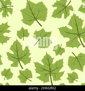 Green Foliage. Seamless pattern with maple leaves. background. Vegetable illustration. Vector. Stock Vector