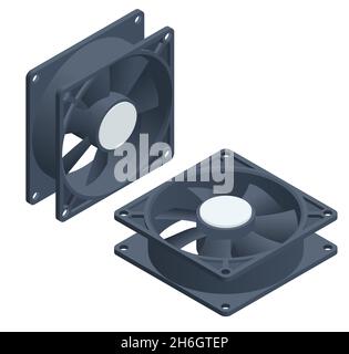 Isometric computer PC chassis, CPU cooler fans isolated on white background. Active CPU cooler Stock Vector