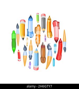 Stationery assortment. Isolated on white background. Brushes and pencils. Cartoon funny style. Round composition. Symbolic object. Childrens design Stock Vector