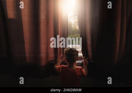 Back view of boy peaking outside through windows Stock Photo