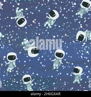 Astronauts in spacesuits. Cosmos background. Seamless pattern. Childrens illustration. Starry sky landscape. Flat style. Cartoon design. Vector Stock Vector