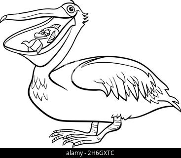 Black and white cartoon illustration of funny pelican bird animal character with fish coloring book page Stock Vector