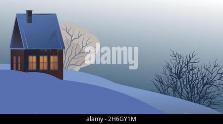 Rural small house in winter. Landscape. Christmas night. Quiet winter evening. The gable roof is covered with snow. Nice and cozy suburban village Stock Vector