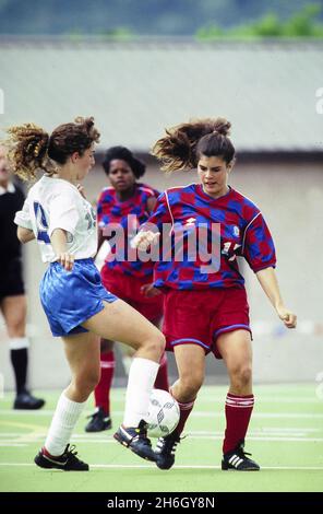 Austin Texas USA, circa 1991: Female athletes compete in the girls' state high school soccer state tournament.  ©Bob Daemmrich Stock Photo