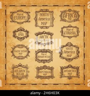 Vintage map frames and borders. Ocean and continents signs. Europe, Africa and Asia, South and North America, Australia, Antarctica engraved vector ca Stock Vector