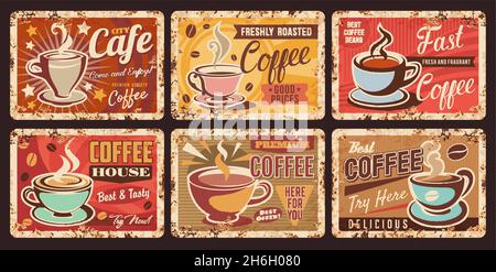 Coffee or cafe shop plates of rusty metal and vector retro vintage posters. Coffee cups and drinks menu signs for cappuccino and espresso with breakfa Stock Vector
