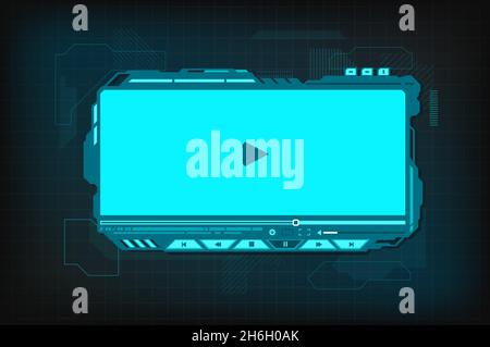 HUD video player futuristic interface vector design of hologram movie screen with media control buttons, menu bar and volume slider. Digital player of Stock Vector