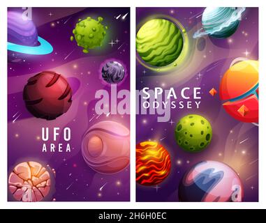 UFO area, space odyssey posters, cartoon planets, vector galaxy and fantasy game. UFO aliens spaceship rockets in universe sky, stars in cosmos and co Stock Vector