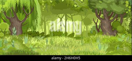 Overgrown meadow at the edge of a green, light summer forest. Trees in the grass. Flat cartoon style. Rural landscape with dense thickets Stock Vector