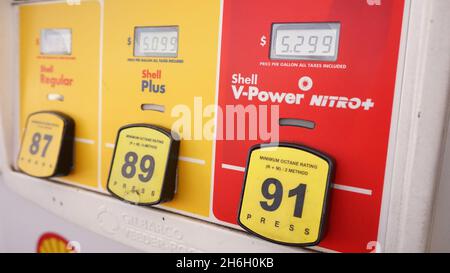 (211115) -- LOS ANGELES, Nov. 15, 2021 (Xinhua) -- Gas prices are displayed on a gas pump at a gas station in Los Angeles, California, the United States, on Nov. 15, 2021. The average price of gas in California reached 4.682 U.S. dollars per gallon on Monday, setting a new record for the most populous U.S. state for a second consecutive day. According to the American Automobile Association (AAA), the average price for regular gasoline was 4.676 U.S. dollars per gallon on Sunday, which already beat the state's previous record of 4.671 dollars for regular gasoline set in October 2012. (Photo by Stock Photo