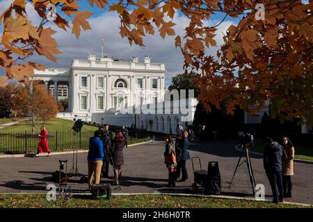 Washington, USA. 15th Nov, 2021. The North Portico of the White House is seen past fall foliage in Washington, DC on November 15, 2021. (Photo by Oliver Contreras/SIPA USA) Credit: Sipa USA/Alamy Live News Stock Photo