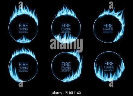 Round frames of blue gas fire flames in circle rings, vector. Blue gas ...