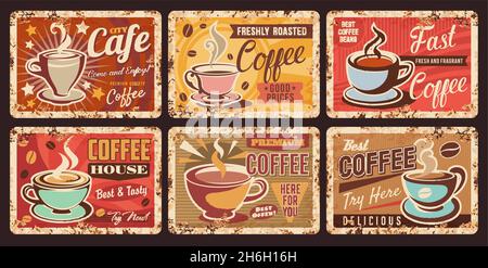 Coffee or cafe shop plates of rusty metal and vector retro vintage posters. Coffee cups and drinks menu signs for cappuccino and espresso with breakfa Stock Vector