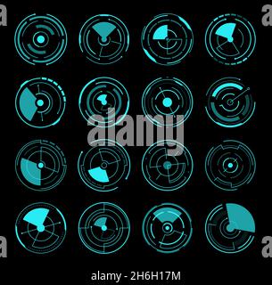 HUD interface round radars, futuristic circles game UI, vector icons. HUD digital interface for screen dashboard, round frames of sonar of radar or lo Stock Vector