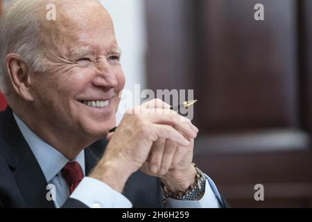 Washington, United States. 15th Nov, 2021. President Joe Biden speaks during a virtual summit with Chinese President Xi Jinping in the Roosevelt Room of the White House in Washington DC on Monday, November 15, 2021. Photo by Sarah Silbiger/UPI Credit: UPI/Alamy Live News Stock Photo