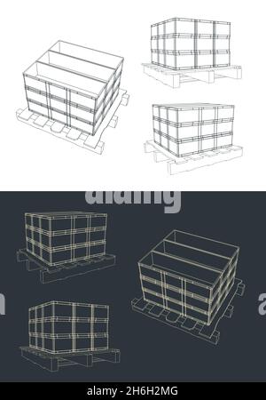 Stylized vector illustration of sketches of plastic boxes on wooden pallets Stock Vector