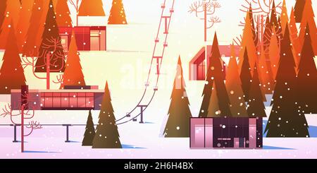 cableway in snowy mountains residential houses area ski resort christmas new year holidays celebration winter vacation Stock Vector