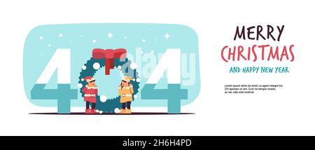 elves preparing for new year and christmas holidays celebration 404 page not found concept full length Stock Vector