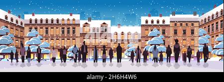 people silhouettes walking near on city street new year christmas holidays celebration cityscape background horizontal full length Stock Vector