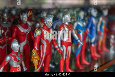 Ratchaburi, Thailand - Oct 30, 2021: The collection vintage various type of Ultraman fictional character figures of Japanese popular series, selected Stock Photo