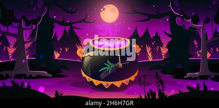 Dark forest with witch cauldron, trees silhouettes, purple light and moon at night. Halloween background with gold cooking boiler with magic potion. Vector cartoon illustration with cauldron in wood Stock Vector